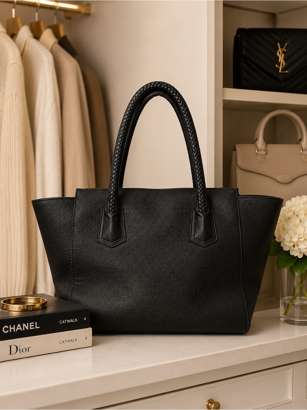 Classic Black Leather Tote Bag